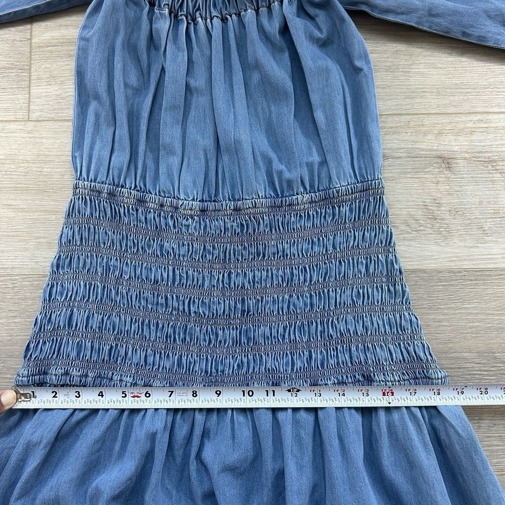 NWT Misa Los Angeles Medium Blue Denim Smocked Drop Waist Puff Sleeve Midi Dress - Picture 10 of 12
